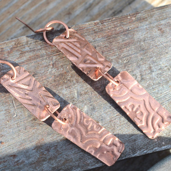 Conceptual Subculture Jewelry - Long Embossed  Solid Copper Earrings Tribal Handmade Boho Artisan Rustic Gift